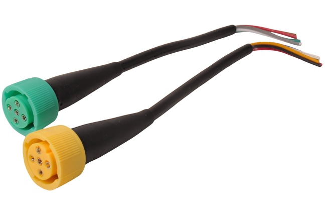 Aspock Aspöck-Anschlüsse links (gelb) und rechts (grün)