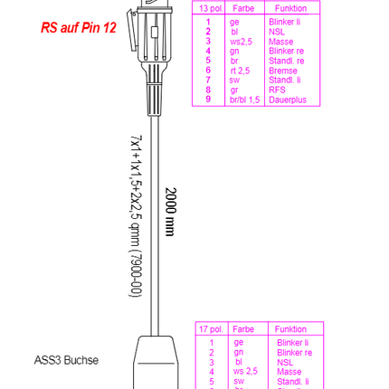 Aspock Aspock Frontkabel 200 cm - 13-poliger Anschluss an ASS3 - geeignet für wasserdichte Leuchten