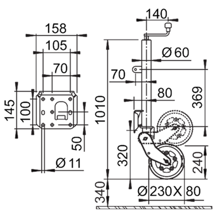 AL-KO AL-KO klappbares Stützrad  - 60 mm - Tragfähigkeit: 500 kg - Schwerlast - extra langes