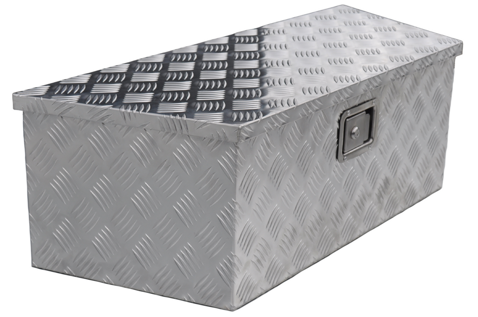 Anhängershop Deichselbox Aluminium 900/660x350x300 mm – Einbauschloss – automatische Klappe – Riffelblech