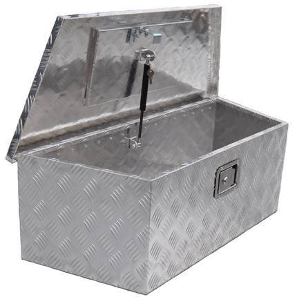 Anhängershop Deichselbox Aluminium 900/660x350x300 mm – Einbauschloss – automatische Klappe – Riffelblech