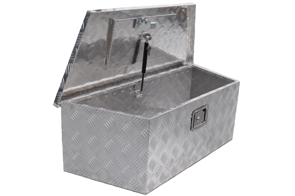Anhängershop Deichselbox Aluminium 900/660x350x300 mm – Einbauschloss – automatische Klappe – Riffelblech