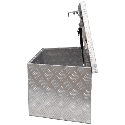 Anhängershop Deichselbox Aluminium 900/660x350x300 mm – Einbauschloss – automatische Klappe – Riffelblech