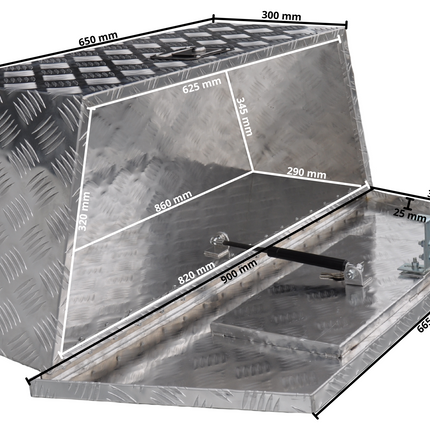 Anhängershop Deichselbox Aluminium 900/660x350x300 mm – Einbauschloss – automatische Klappe – Riffelblech