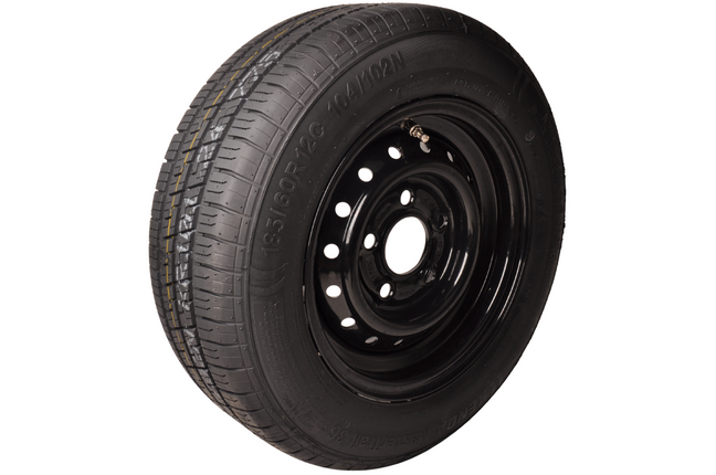 Anhängershop Komplettrad 12 Zoll mit schwarzem felge - 185/60R12C Reifen + Felge - Mercedes Lochkreis: 5x112 - 900 kg - 67 mm Nabendurchmesser