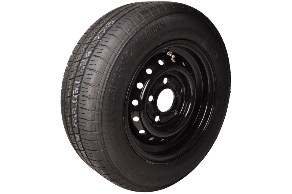 Anhängershop Komplettrad 12 Zoll mit schwarzem felge - 185/60R12C Reifen + Felge - Mercedes Lochkreis: 5x112 - 900 kg - 67 mm Nabendurchmesser