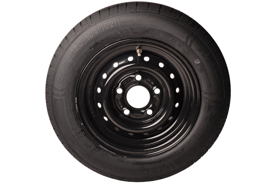 Anhängershop Komplettrad 12 Zoll mit schwarzem felge - 185/60R12C Reifen + Felge - Mercedes Lochkreis: 5x112 - 900 kg - 67 mm Nabendurchmesser