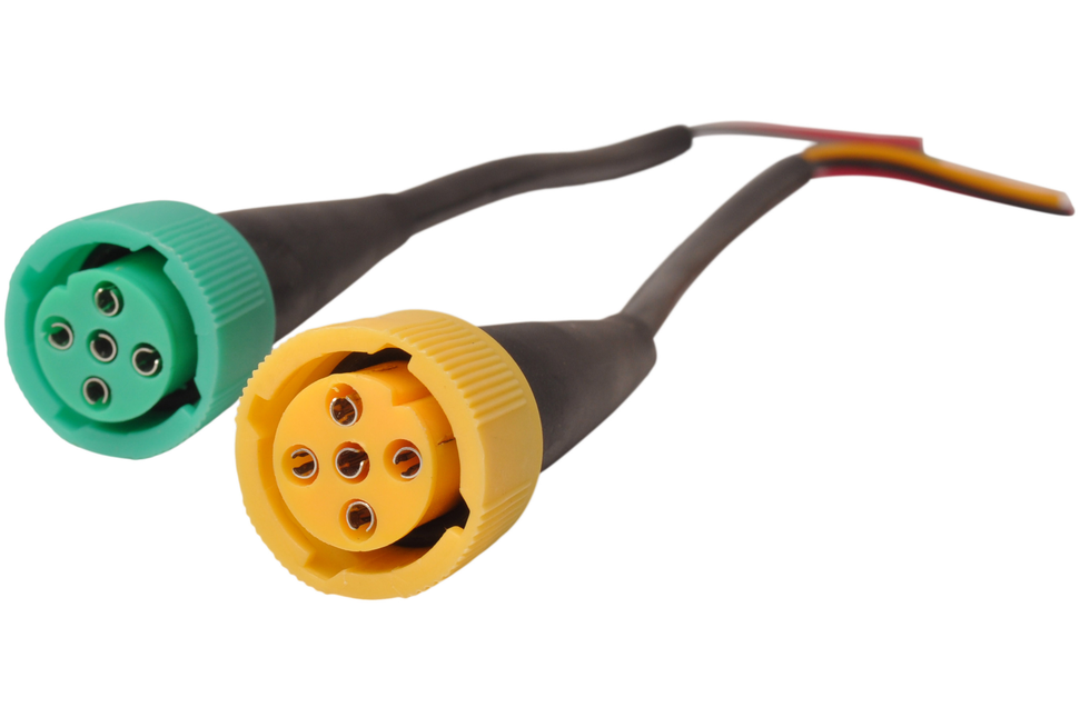 Aspock Aspöck-Anschlüsse links (gelb) und rechts (grün)