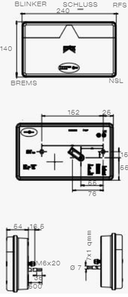 Aspock Rückleuchte - Aspock MultiLED 2 - rechts - 240x140x54 mm - vollständig LED - 8-poliger Steckverbinder - 50 cm Kabel