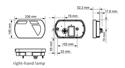 Aspock Rückleuchte rechts mit eingebautem Widerstand 236x140x52 mm - Aspöck 8-polige Steckverbinder
