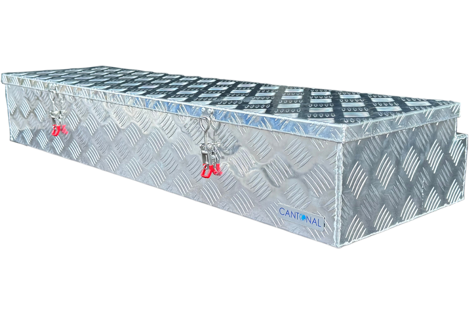 Cantonal Aluminium Deichselbox 1200x380x195 mm - 2.5 mm Wandstärke - ideal für Plateauwagen und Autotransporter - wasser- und staubdicht - mit Spannverschluss