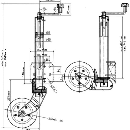 Cantonal Automatisch einklappbares Stützrad - 60 mm - Tragfähigkeit: 500 kg
