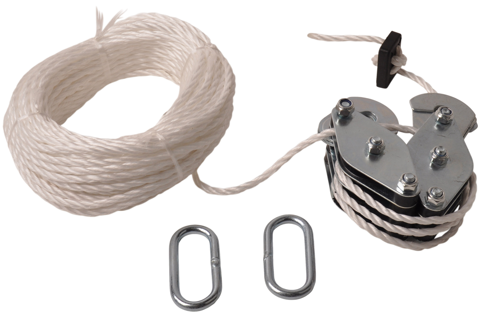 Kompletter Flaschenzug mit 20 mtr. Nylonseil. Max. 180 kg und 3 m Hubhöhe. – Anhängershop