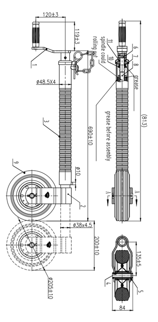 Cantonal Stützrad - 48 mm - gerippt - 150 kg maximale Tragfähigkeit - Stahlfelge