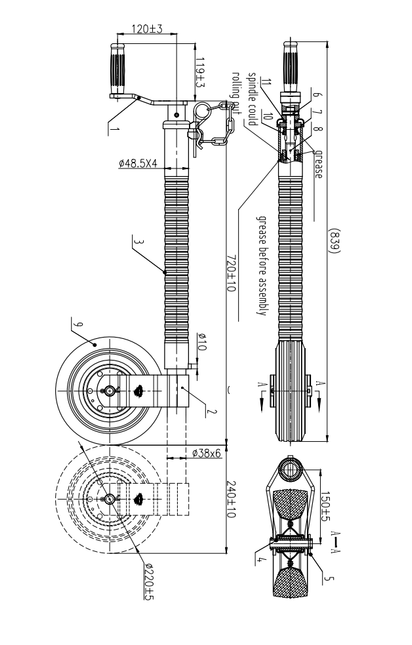 Cantonal Stützrad - 48 mm - gerippt - 350 kg maximale Tragfähigkeit - Stahlfelge - geeignet für IFor Williams
