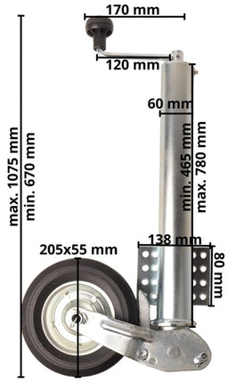 Cantonal Stützrad für Anhänger - 60 mm rund - Tragfähigkeit: 250 kg - automatisch klappbar