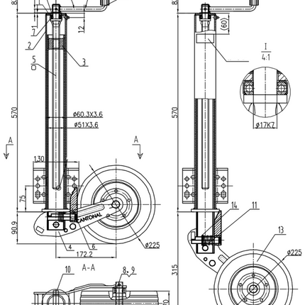 Cantonal Stützrad - rund 60 mm - Tragfähigkeit: 500 kg - automatisch - extra lang
