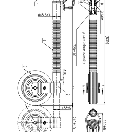 Cantonal Typ Ifor Williams Stützrad - 48 mm - gerippt - Tragfähigkeit: 250 kg - Stahlfelge