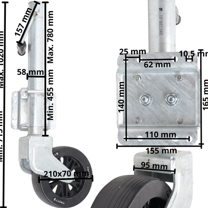 Knott Schwenkbares Stützrad - 60 mm - Tragfähigkeit: 550 kg - seitliche Kurbel