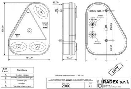 Radex Anhänger Rückleuchte - Radex 2900 - links - 180x240x60 mm - vertikale Montage - 5-poliger Bajonettanschluss