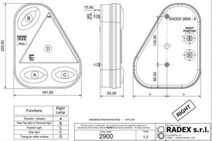 Radex Radex 2900 Rückleuchte Rechts 180x240x60 mm - vertikale Montage - ausgestattet mit 5-poliger Anschlussbuchse
